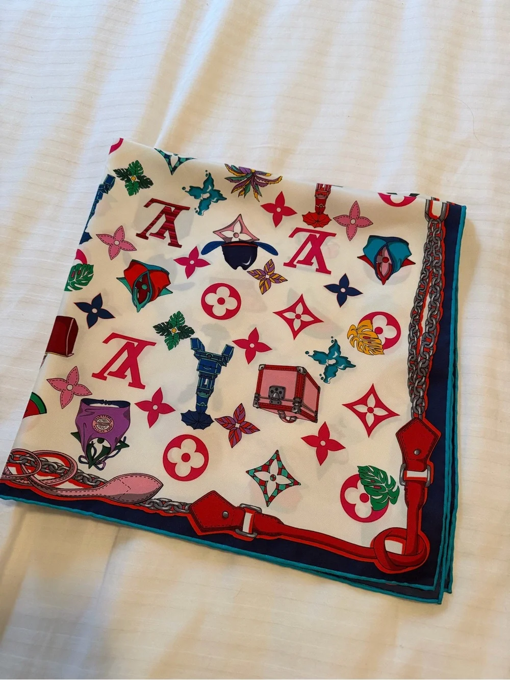 Authentic Louis Vuitton White Multicolor Silk Logo-Print Scarf